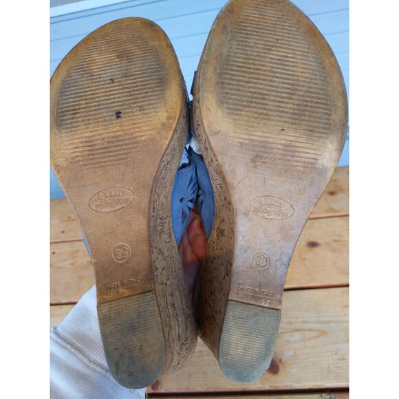 Spring Step Italian Leather Wedge Sandals Size 39/8.5 Blue Floral Cutout Cork - Picture 5 of 9